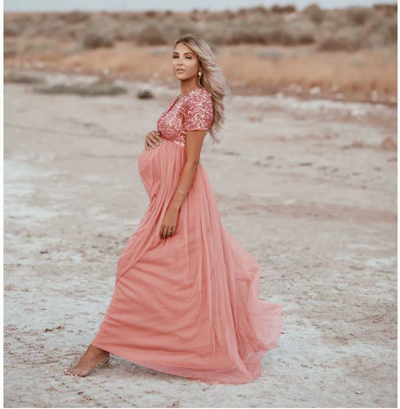 Elegence Maternity Photography Props Pregnancy Dress For Photo Shooting Sequins Tulle Pregnant Women Dresses Maxi Maternity Gown (2)