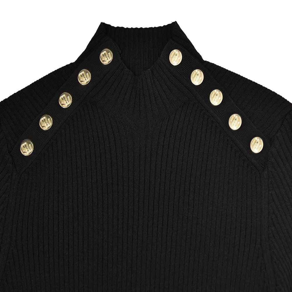 2021 Autumn Fall Long Sleeves High Neck Black Dress Solid Color Knitted Buttons Knee-Length Women Fashion Dresses G121057
