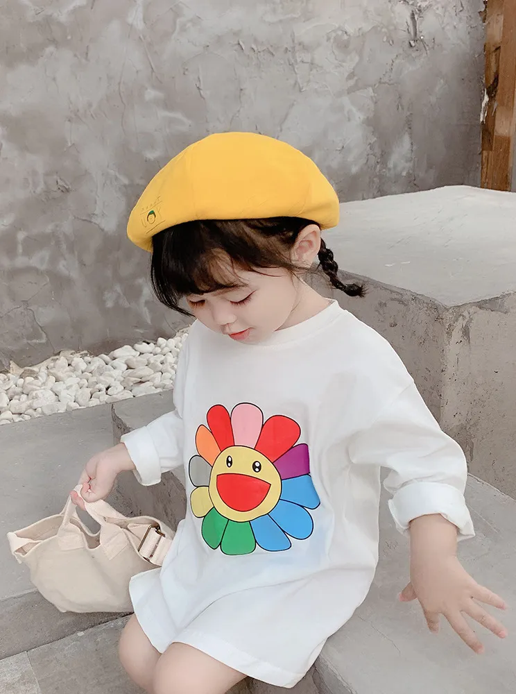 Mode Kinder Kleidung Korea Stil Mädchen Kleid Cartoon Floral Langarm T-Shirt Frühling Herbst Baby Kleidung Tops 210515