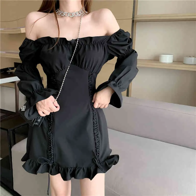 Summer Retro Stitching Wood Ears Lace Cross Lacing Up Puff Sleeve Club Dress for Woman White Casual Mini Dresses 210518