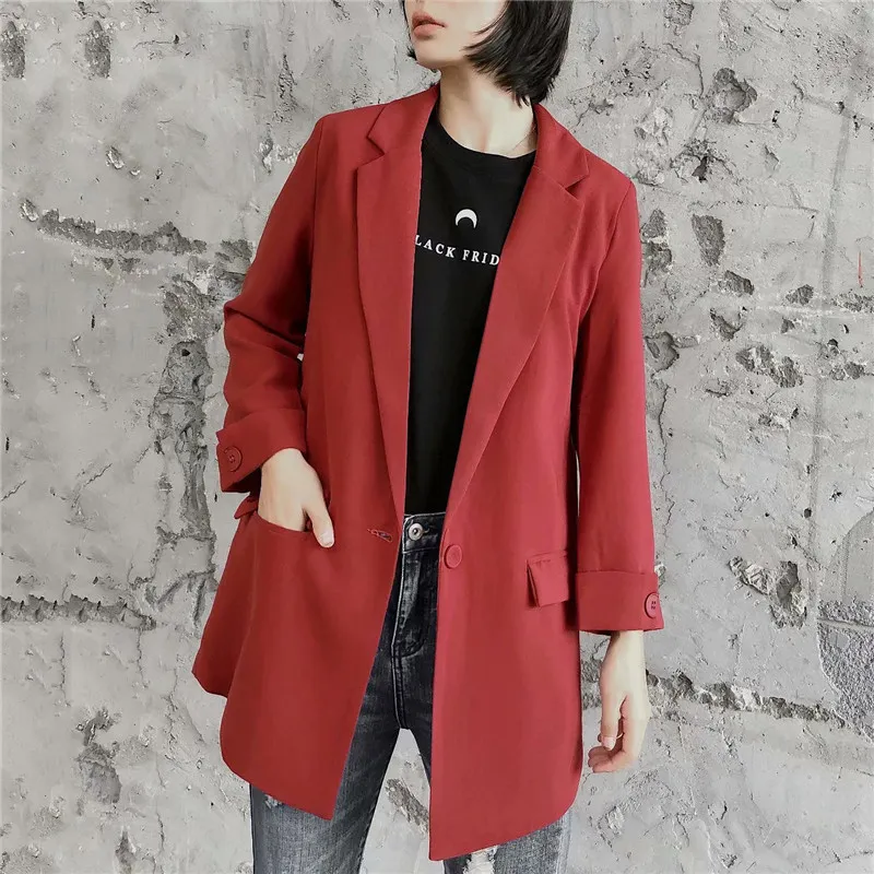 Women elegant red Suit blazer notched collar three quarter sleeve pockets solid jacket female casual outwear chic coats 210430