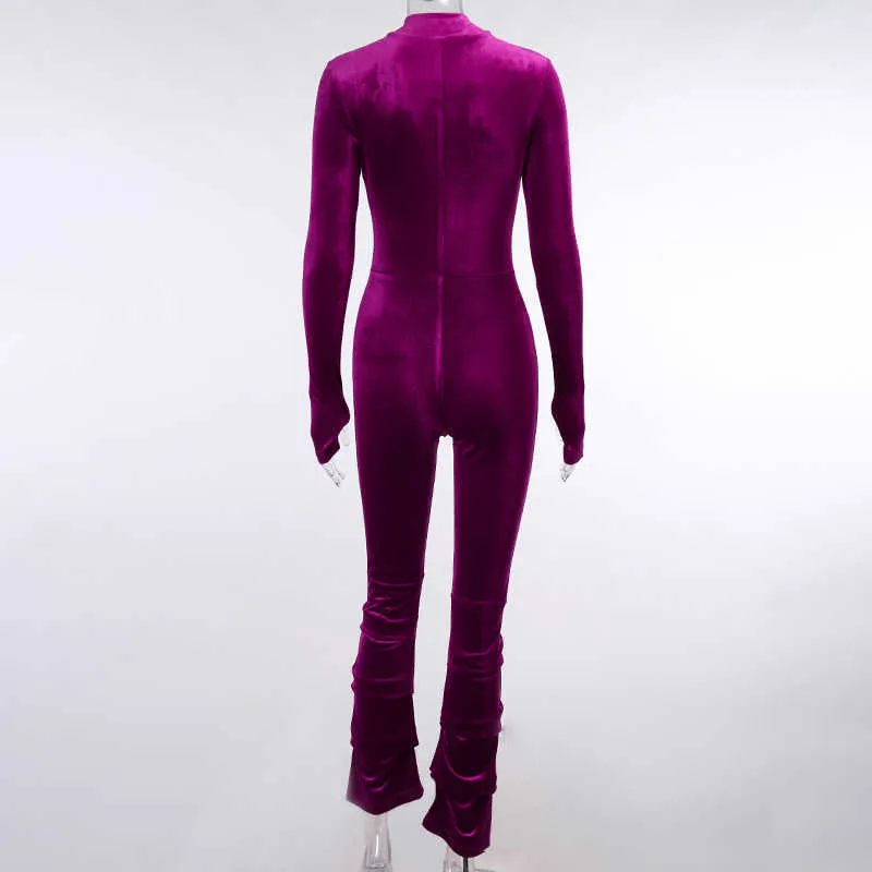 Colysmo Velor Długim Rękawem Kombinezon Ruched Zipper Sexy Slim Fit Casual Purple Playsuit Ciepłe strój Kobiety Spadek 210527