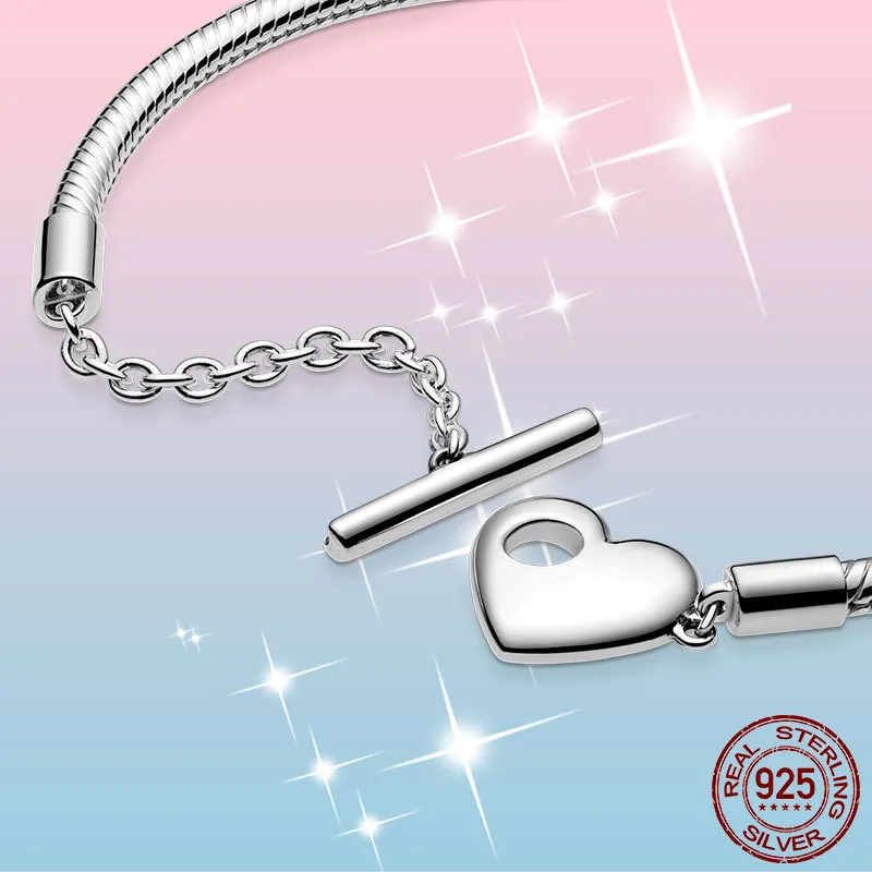 Femme Armband 925 Sterling Silver Moments Heart T-Bar Snake Chain Armband för kvinnor Fine Smycken Present Pulseira