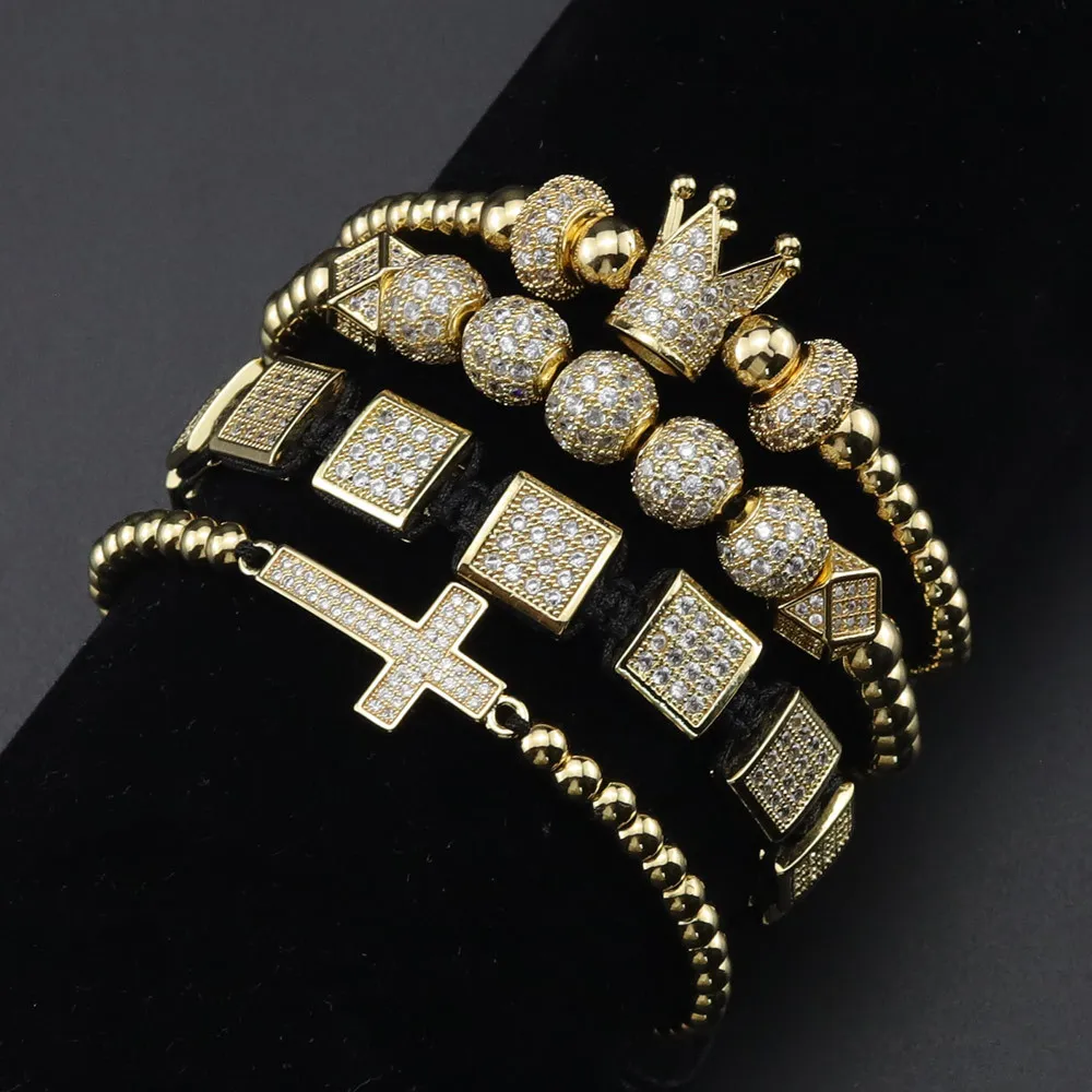 4 stksLuxe CZ Gouden kroon Charm heren armband stapels koperen kralen Macrame armbanden armbanden voor heren accessoires LJ2003236975692