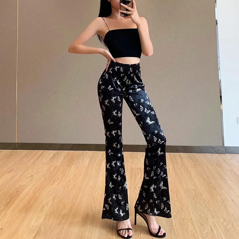 Y2k High Street Sexy Printing Butterfly High Waist Black Flare Pants Women's Fashion Vintage Bodycon Long Woman Trouser 210422