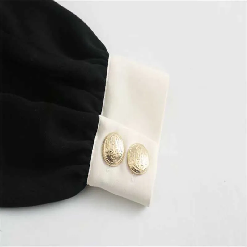 Za combinaison Mini robe femmes manches longues ballon noir robes de bureau femme taille élastique avant métal bouton Vestidos 210602