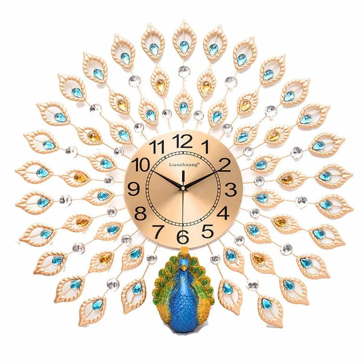 Grandi orologi da parete con pavone al quarzo in cristallo di diamante 3D Design moderno europeo la casa Soggiorno Decor Camera da letto Orologio silenzioso da parete 210724