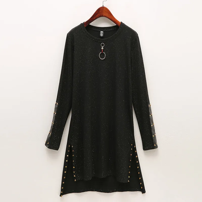 Women Black T shirt Dress Spring Autumn Streetwear Style Fashion Long Sleeve Patchwork PU Leather Rivet Dresses 210428