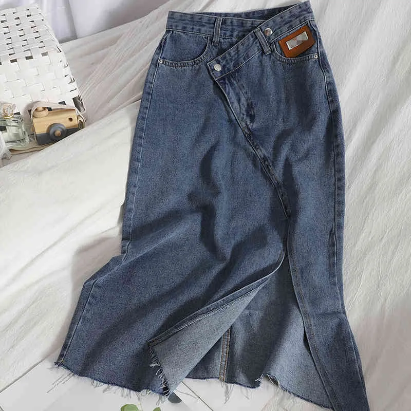 Kimutomo elegant oregelbunden högmidjad kjol kvinna sommar koreanska mode split breasted fickor denim kjol kvinna 210521