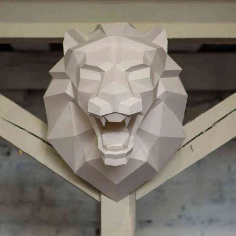 Lion Head 3D Papier Modèle Animal Sculpture Papercraft DIY Artisanat pour Salon Décoration Home Decor Bar Wall Art 211108