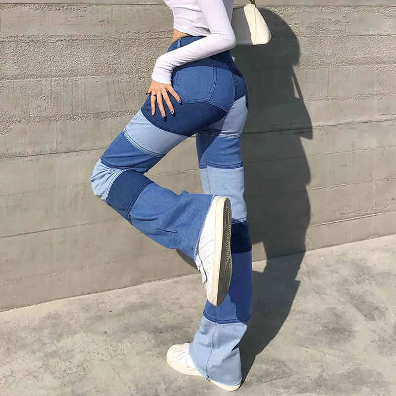 Blue Patched Straight Y2K Jeans For Girls Female Women Stretch Vintage Denim Pants High Waisted Trouser Capris Streetwear 210510