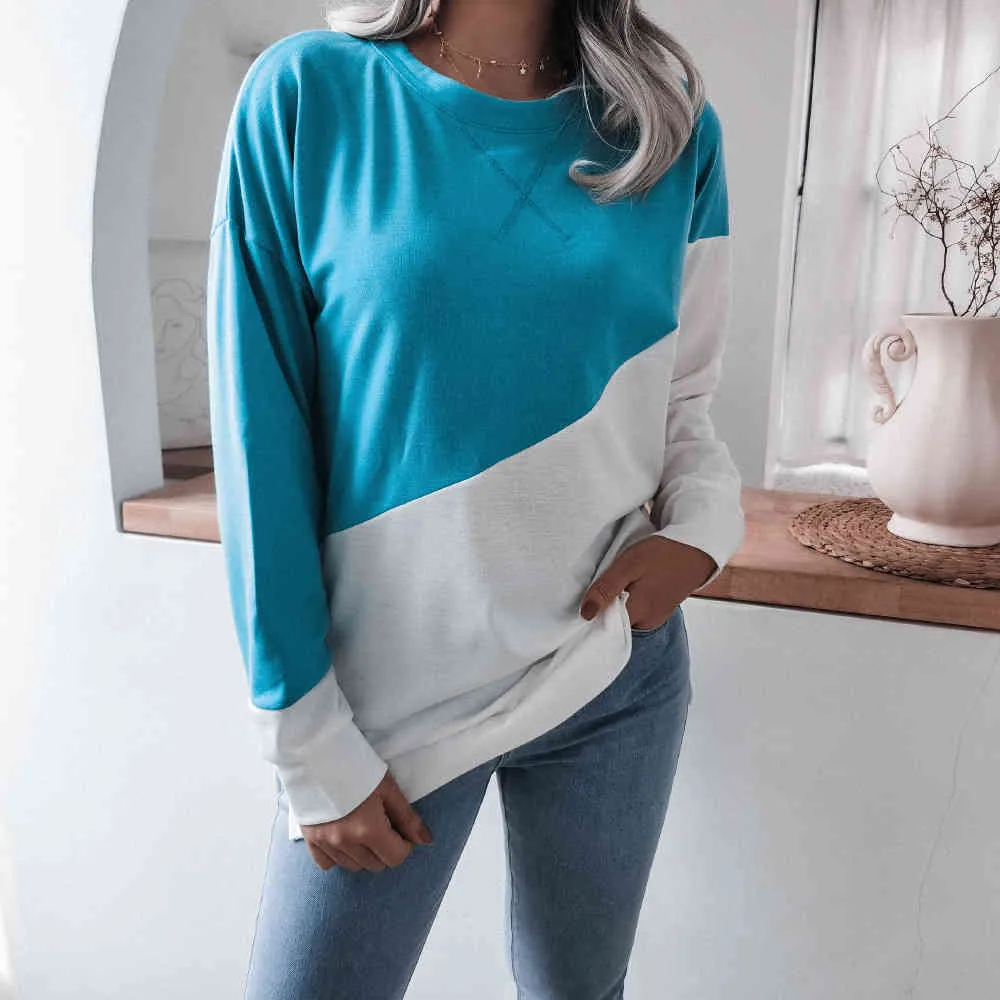Spring Color-Collage O Hals Lange Mouwen Casual Losse T-shirt Top Casual Patchwork Kleding Vrouw Tshirts Bodem 210514