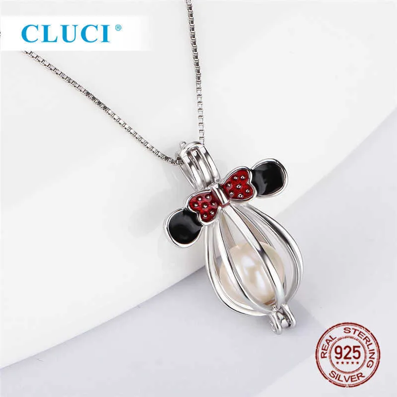 CLUCI 925 süße mausförmige Charms für Damen Halskette 925 Sterling Silber Perlenkäfig Anhänger Medaillon SC049SB235e