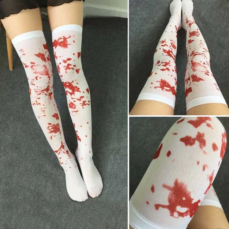 Halloween nurse theme costume accessories skull skeleton bleeding stockings adult women velvet pantyhose black/white Y0829