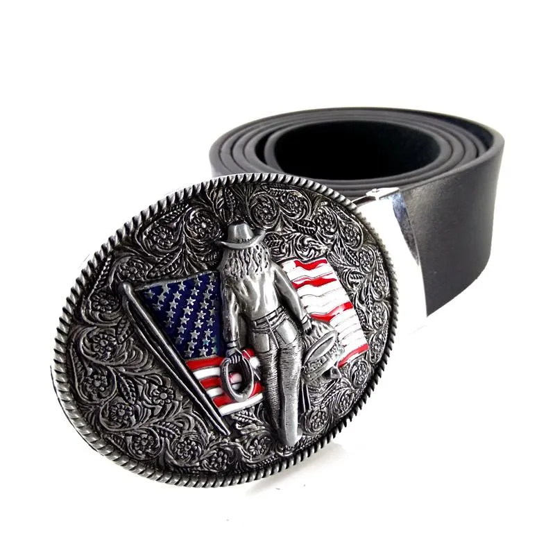 Ceintures Vintage Mens High Quality Black Faux Tiver Belt With American Flag Western Country Cowboy Clital Buckle for Men Jeans348i
