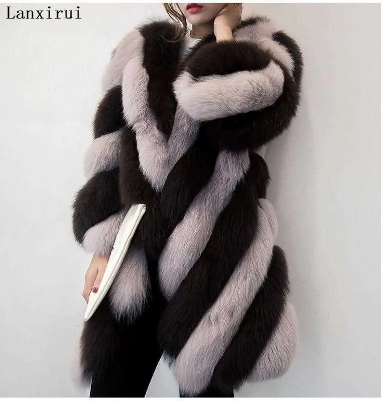 Lanxirui long winter faux fur coat with hood long sleeve zipper black furry fake rabbit fur outwear plus size shealing jacket Y0829