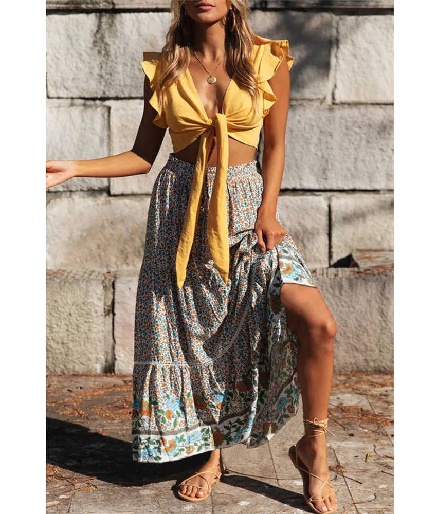 DAILOU Vintage Chic Long Skirt Floral Print Beach Bohemian Skirt Summer High Elastic Waist Rayon Cotton Boho Maxi Skirts 210724
