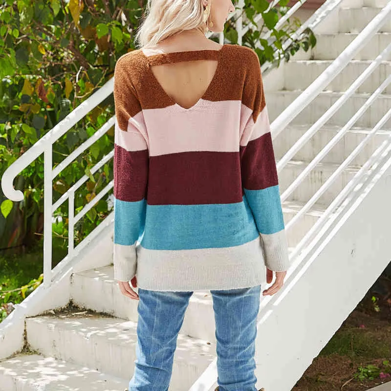 Casual Woman Loose Colorful Stripe V Neck Sweater Spring Autumn Fashion Ladies Backless Knitwear Kvinna Chic Stora Toppar 210515