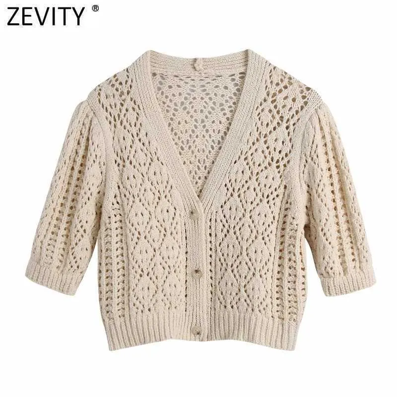 ZEVITY Women Vintage Jacquard Mesh Cloth Crochet Knitting Short Sweater Female V Neck Puff Sleeve Casual Sweater Tops SW813 210603