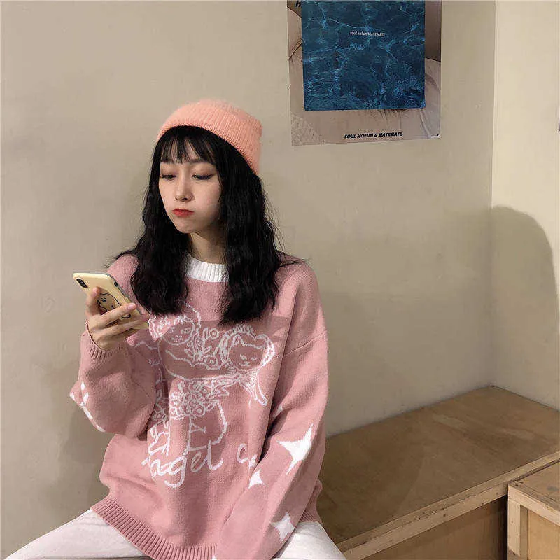 Woherb bonito malha pulôver mulher suéter outono japonês japonês harajuku jumpers anjo cartoon streetwear fêmea casual suéteres 210914