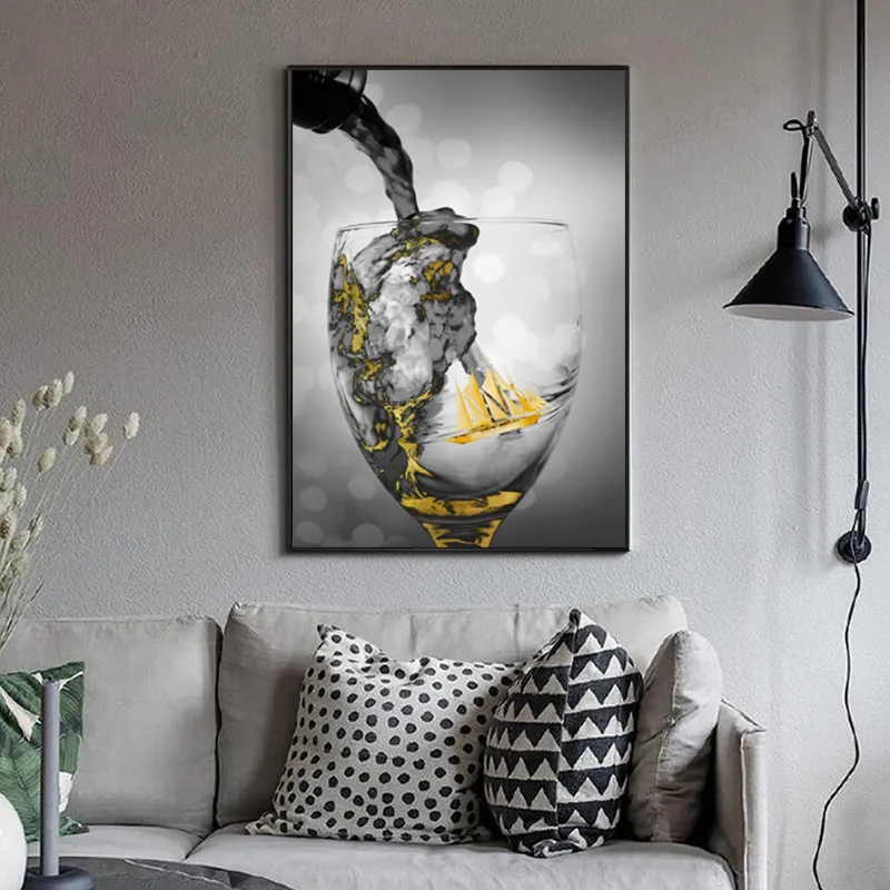 Copos de vidro de vinho cartaz dourado pintura em tela abstrato barco quadros arte da parede para sala estar moderna decoração casa sem moldura279d