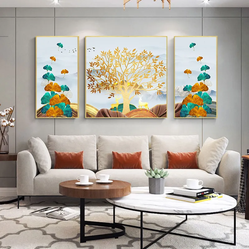 Albero ricco Golden Deer Leaf Ginkgo Biloba Dipinti su tela nordici Modern Luxury Home Decor Room Art Cuadros Decorazioni murali