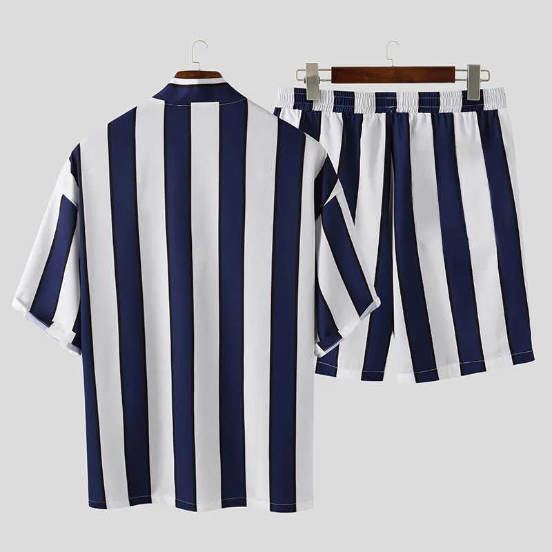 Män Sommar Striped Sats Japan Streetwear Cardigan Kimono Hawaiian Kortärmad T-shirts Andningsbara Shorts Beach Män Passar 2 stycken x0909