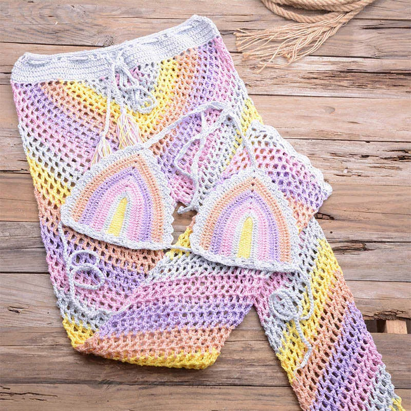 Apromenta elegante mistura de algodão colorido crochet 2 peças conjunto mulheres festival de verão esticar top e calças cobertura de roupa de praia 210721