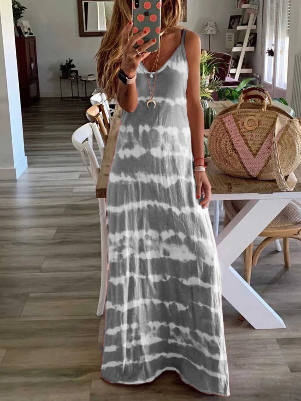 Fashion Spaghetti Strap Sexy Long Loose Print Vest Ankle-Length Tie Dye Beach Style Summer Dress Women 210615