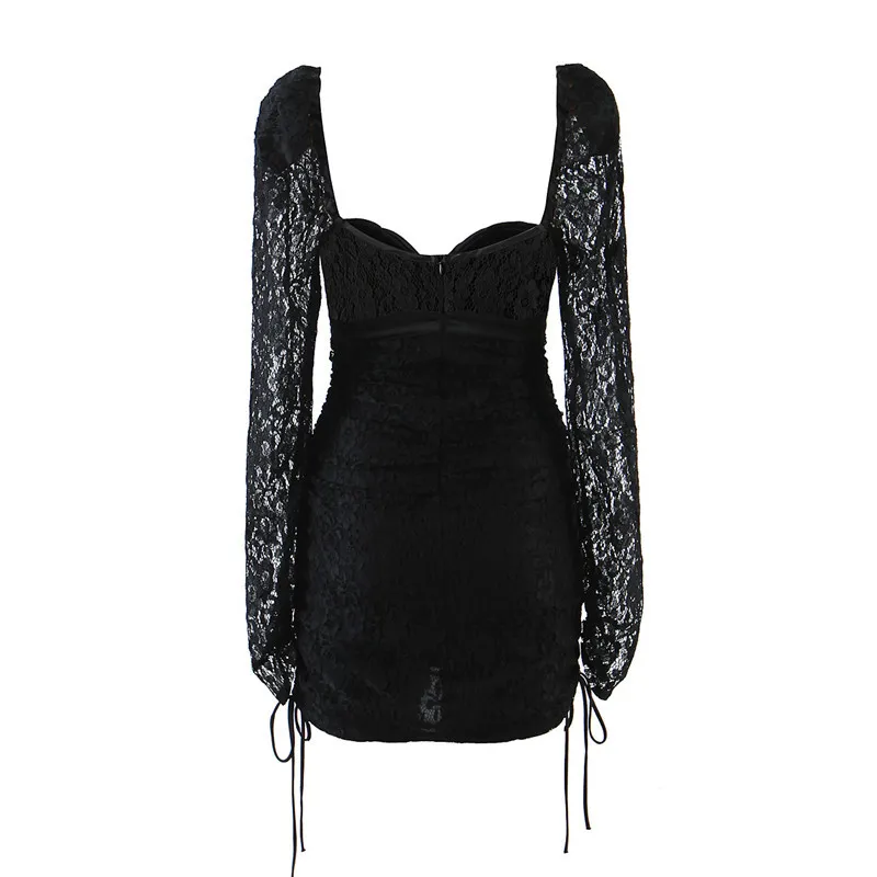 Sexig Bra V Neck Mesh Lace Kvinnor Klänning Dam Pläterad Droppe Ruched Justera Robe Långärmad Bodycon Mini Party 210429