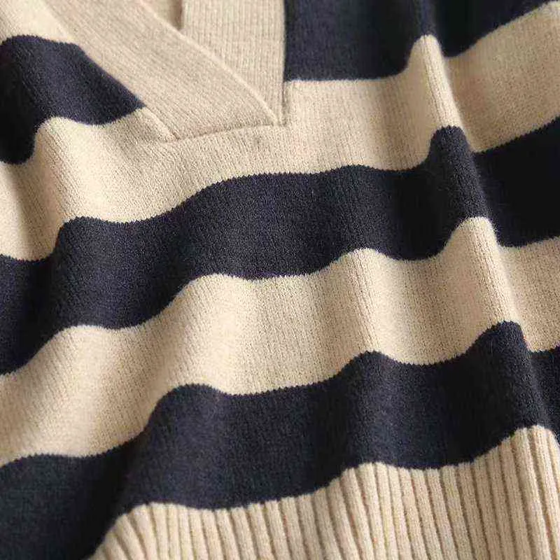 Toppies Vintage Striped Sweater Kvinnor Stickade Lapel Toppar Casual Kvinna Pullovers Hösthoppare 211217