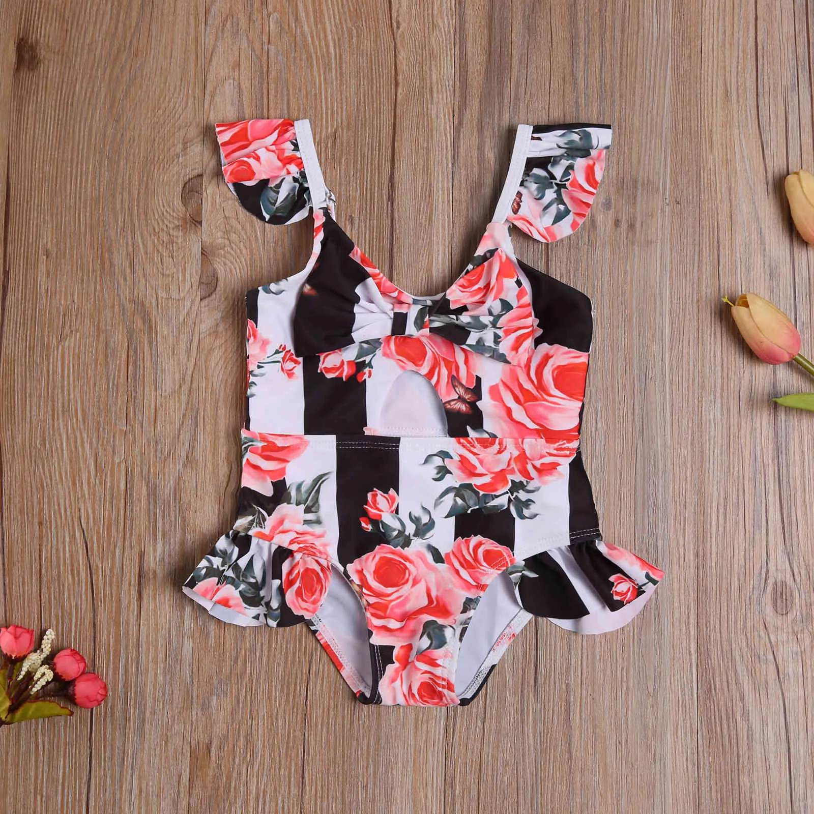 6m-4y verão criança bebê garotas meninas swimsuit flor arco listrado swimwear criança beachwear banhos maiô 210515