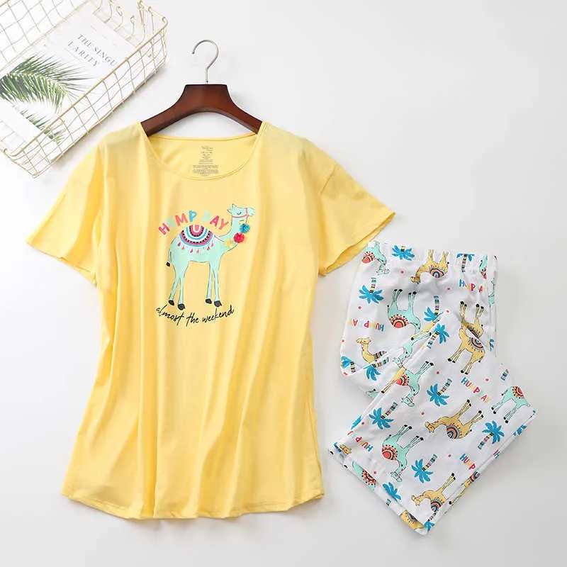 Cotton Pajamas Set Short Sleeve T-shirt Long Pants Summer Sexy Pyjama Big Size Mom Homewear Cozy Plus Sleepwear 210809