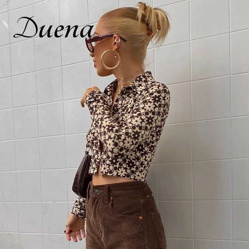 Duena Långärmad Brown Top Y2K Vintage Aestetics Flower Print StreetWear Button Up Crop Top Collar T Shirt Kvinnor 2021 Y0621