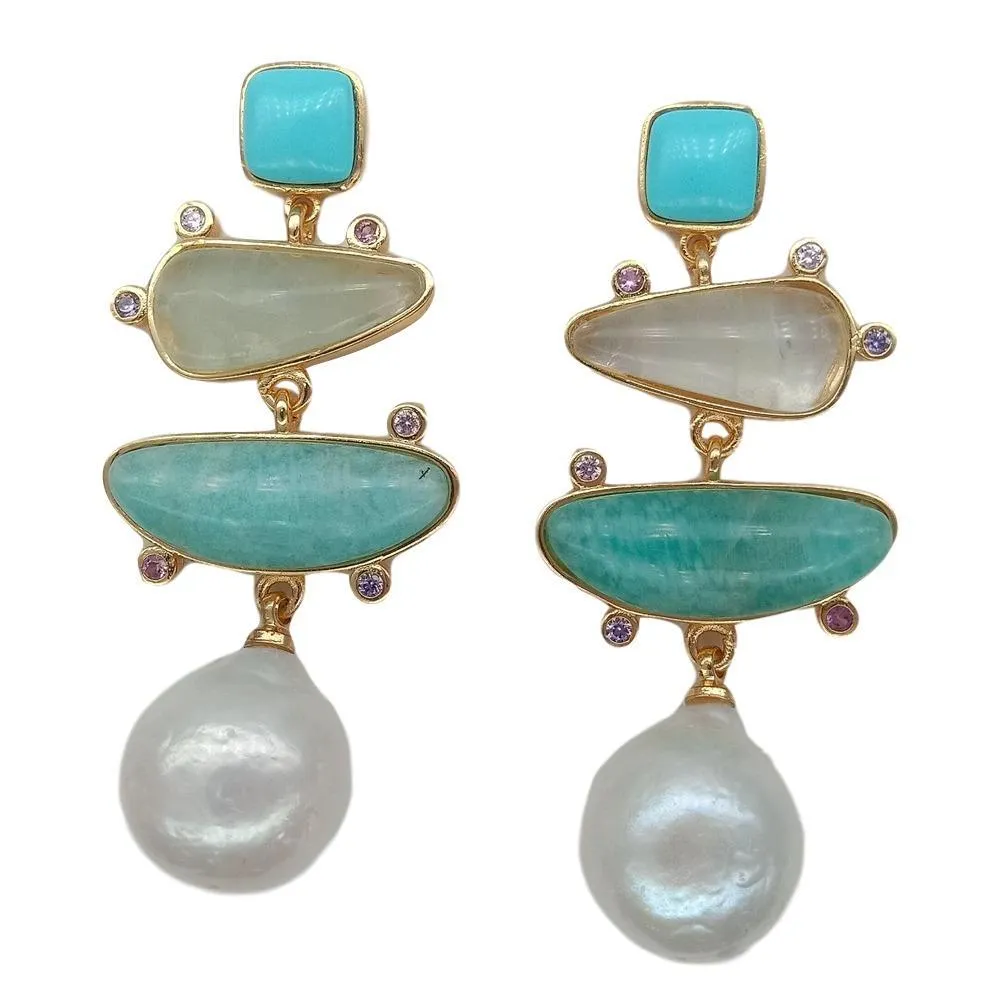 Yygem Natural Geometric Turquoise Ite Prehnite White Pearl Stud Earrings Gold Fill Office Style for Women216N