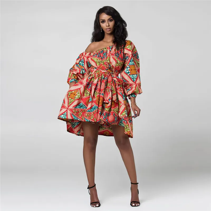 ISAROSE Brand Fashion Dashiki Top Female African Dress Summer Oblique Shoulder Belted Short Wear Party Print Rich Bazin Clothes 210422