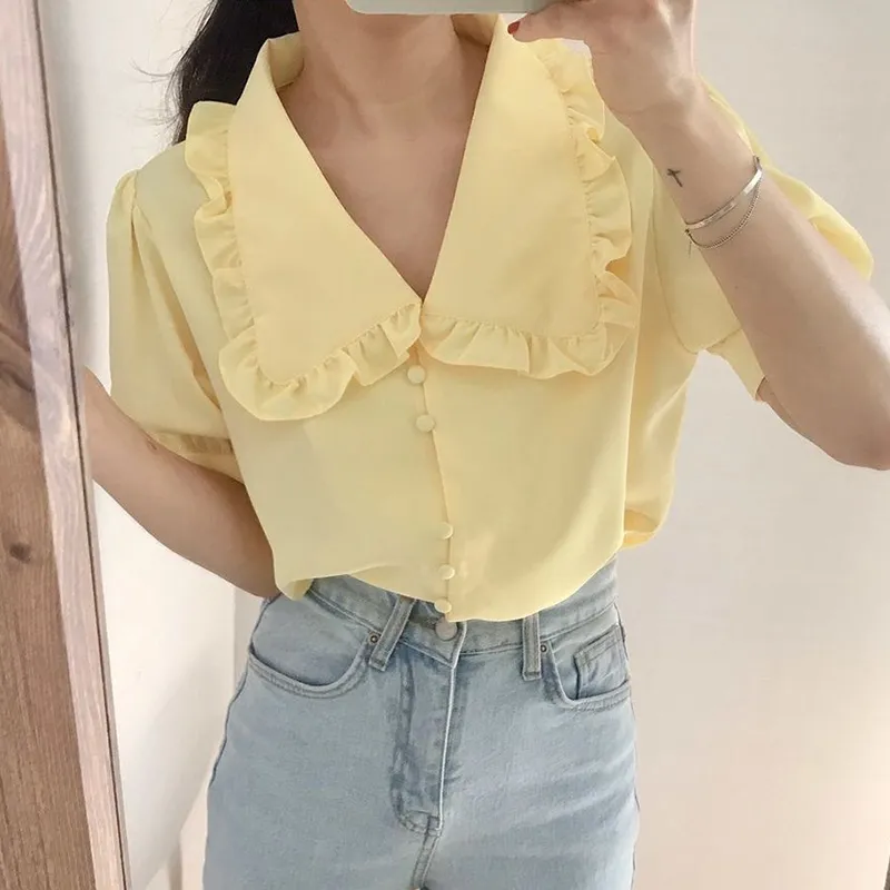 Korobov Sweet Yellow Puff Manches Femmes Blouses Coréen Chic Peter Pan Col Chemise En Mousseline De Soie Femme Élégant Femininas Blusas Volants 210430