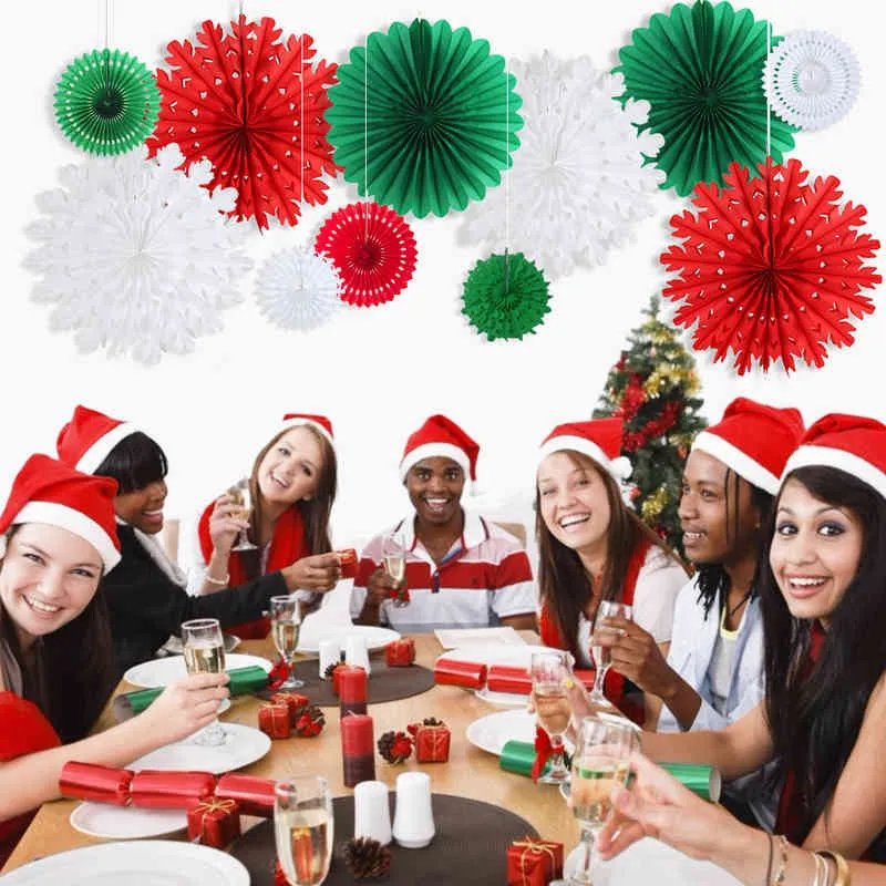 11 adet Noel Dekorasyon Seti Koyu Yeşil Kırmızı Beyaz Kağıt Hayranları Kar Tanesi Fan Düğün Doğum Günü Yılı Noel Partisi Malzemeleri