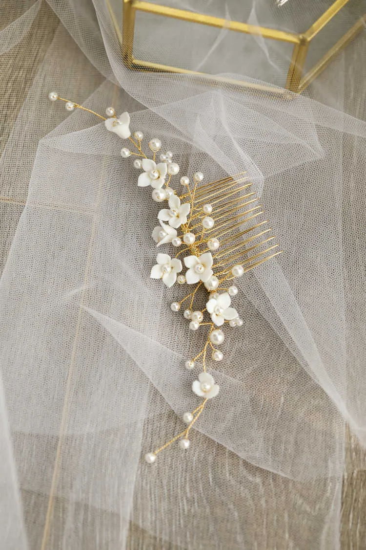 Acessórios Do Casamento Porcelana Flor Floral Cabelo Pentes Pins Pérolas Headbands Headpieces para Noivas Festa Hairpins Bridal Jóias X0726