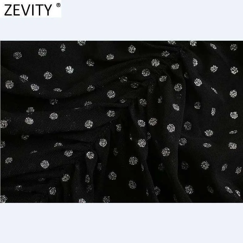 Zevity Women Sexy Sequined Dots Slim Pleated Mesh Klänning Kvinna Tre Kvartär Ärm, Chic Vestido Back Zipper Kläder DS4913 210603