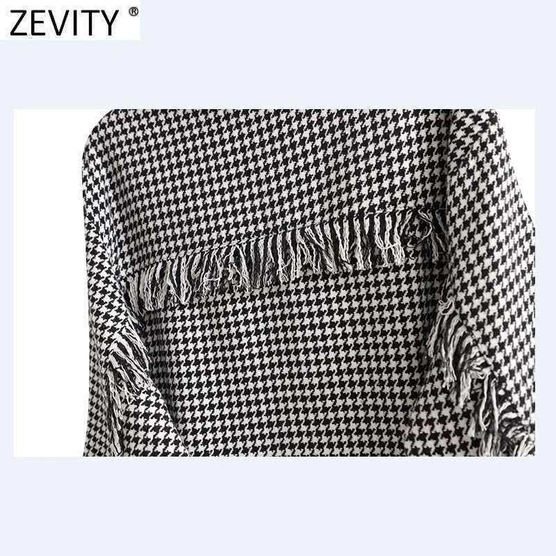 Zevity Women Vintage Trimming Tassel Decoration Houndstooth Shirt Coat Female Long Sleeve Casual Outwear Jackets Chic Tops CT674 210603