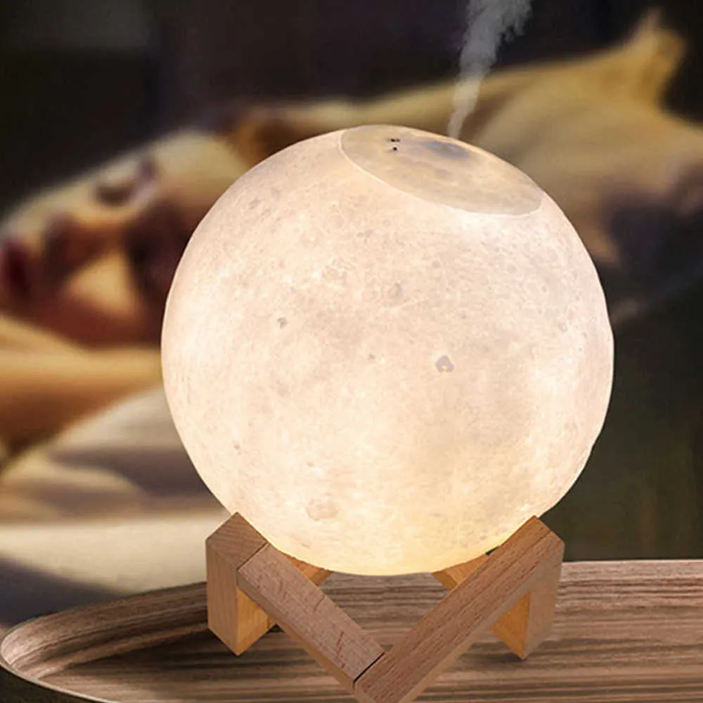 3D Moon Light Ультразвуковой аромат диффузор воздуха USB увлажнитель, полный лунный светильник ночной светильник ночь для украшения дома Mist Maker Y0910