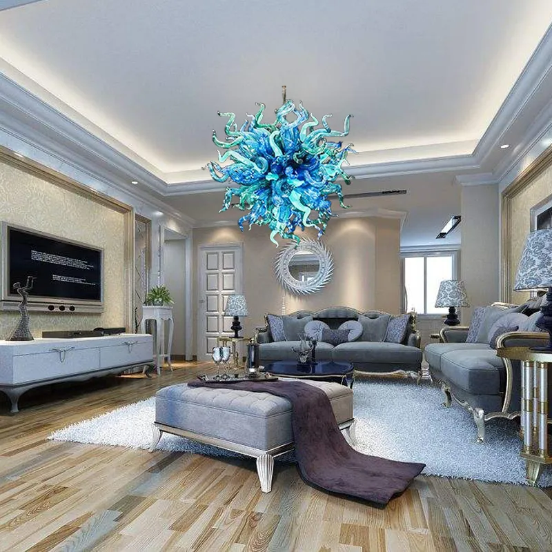 Hand-blown Glass Crystal Chandelier LED Art Pendant Lamps Blue Diameter60CM Indoor Lighting Modern Living Room Decoration