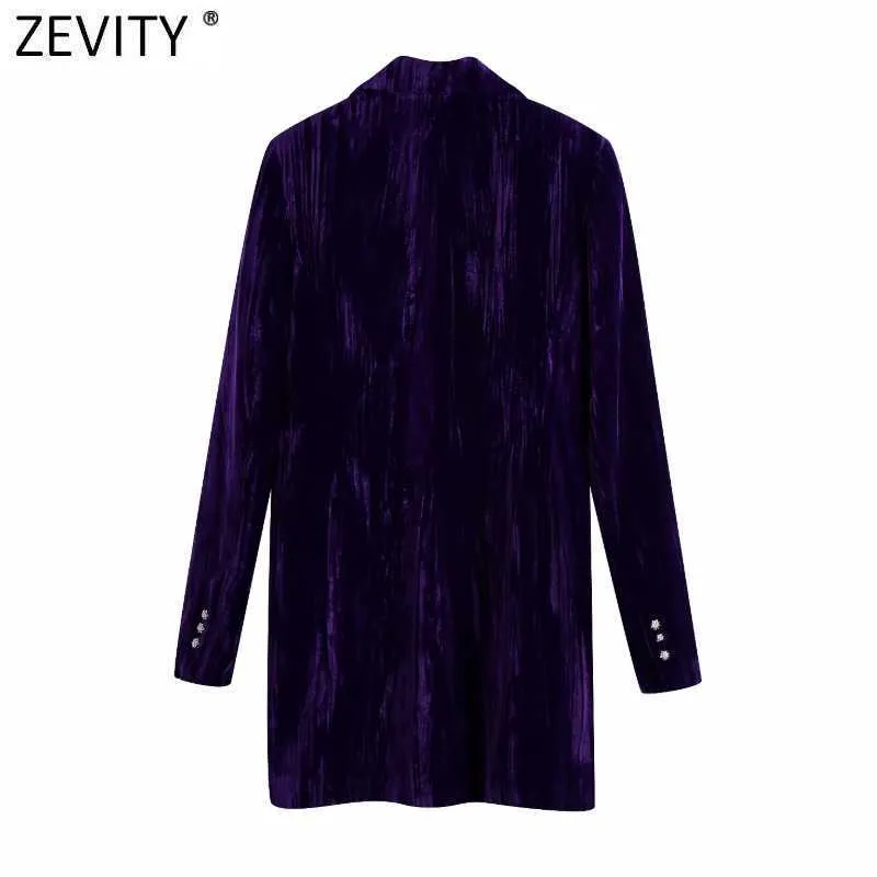 Zevity Women Vintage Notched Collar Diamond Double Breasted Velvet Mini Dress Femme Long Sleeve Chic Business Vestido DS4712 210603