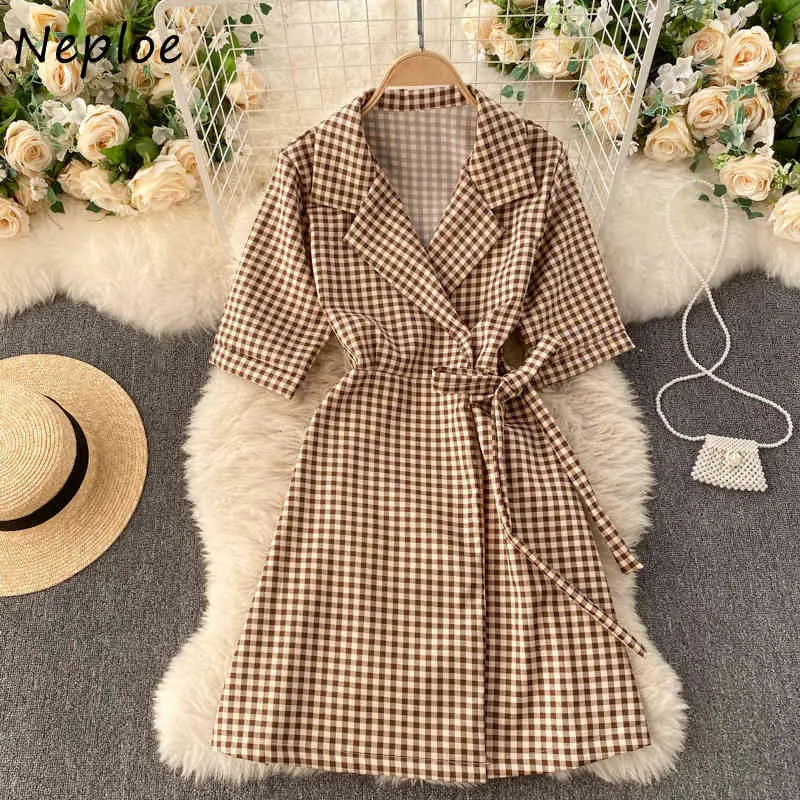 Neploe Vintage Plaid Arbeit Stil Ol Kleid Frauen Hohe Taille Hüfte Schärpen Eine Linie Schlanke Vestidos Drehen Unten Kragen Kurzarm robe 210423