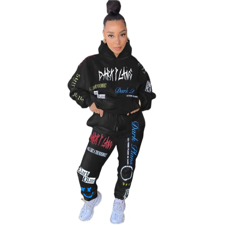 Abbigliamento sportivo Trendy Chic Graffiti Tuta da donna Felpe con cappuccio Pantaloni da jogging Tuta attiva Due pezzi Fitness BF Style Outfit 210525