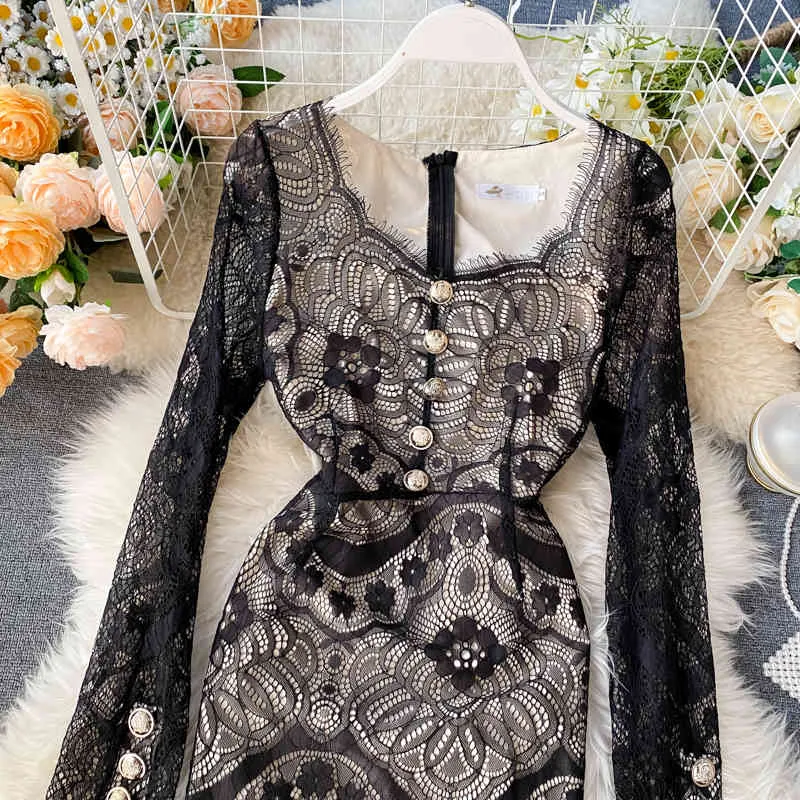 Korobov Elegant Chic Lace Patchwork Sexy Sheath Women Dress Hollow Out O Neck Long Sleeve Party Dresses Vestidos 79664 210430