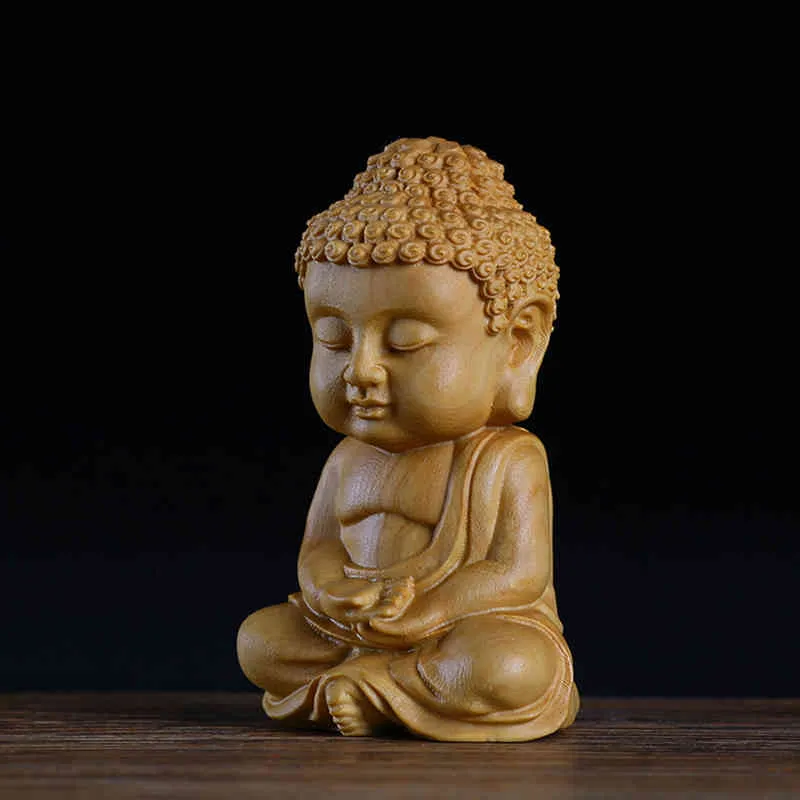 Statue de Bouddha Bois Sakyamuni Buis Artisanat En Bois Voiture Maison Figurines Décor Petit Moine De Méditation Miniature Artisanat Thé Pet GY12 210329