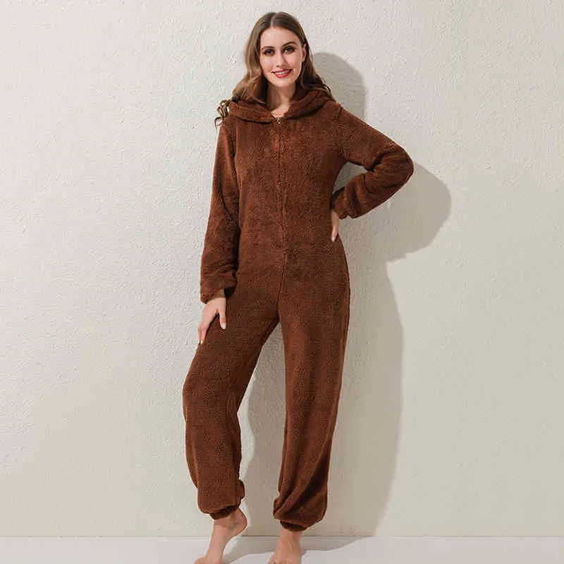 Hiver Chaud Pyjamas Onesies Moelleux Polaire Combinaisons Vêtements De Nuit Ensemble Capuche Ensembles Pyjamas Pour Femmes Adultes