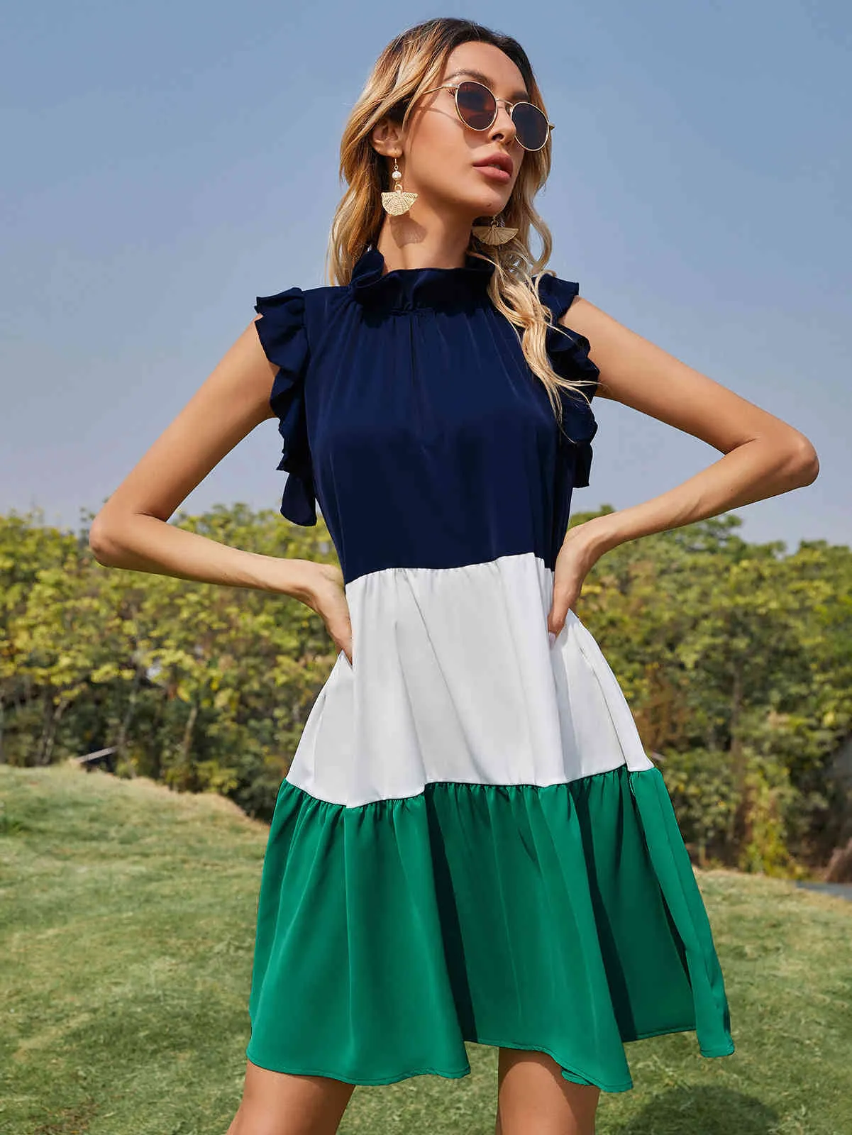 Mini vestido de verano con cuello en V, moda de cintura alta para mujer, vestidos elegantes vintage sin mangas con costuras 210508